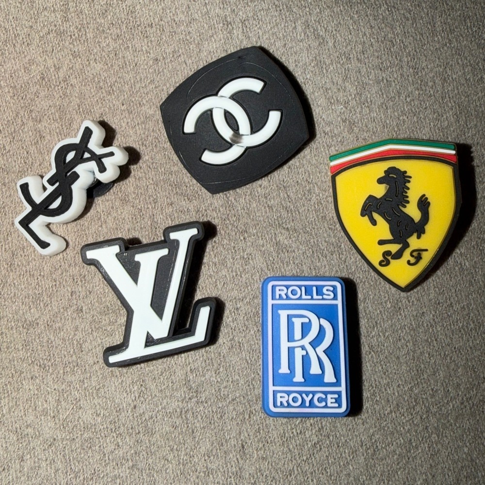 5pc Luxury Designer & Car Logo Shoe Charms for Clogs PVC Rubber Accessories Set